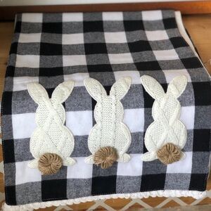 Black and White Check Table Runner with Knit Bunnies Easter Spring Table Runner
